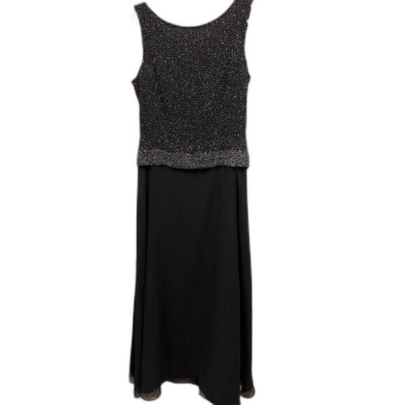 Elegant Navy Beaded Bodice Chiffon Skirt Evening Gown Formal Dress Size 8 Jkara - Picture 3 of 8